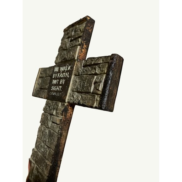 Decorative Stone-Look Cross Wall Hanging "We Walk By Faith Not By Sight" 2 Cor. - Picture 8 of 9